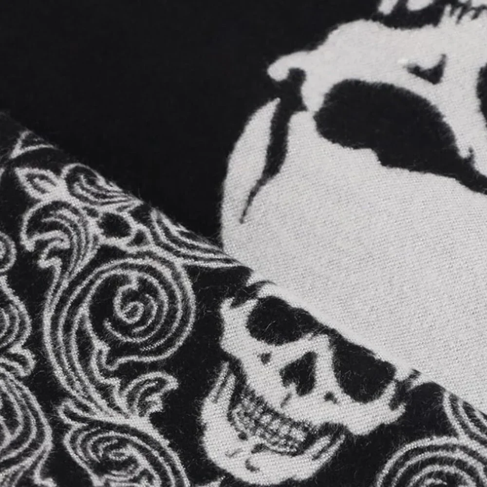 Skull Print Scarf – Soft Long Shawl with Tassels, Elegant Fall Accessory